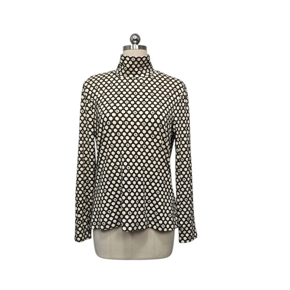 St John Sport Womens Large Mock Neck Golf Ball Logo Print Top Cream Black